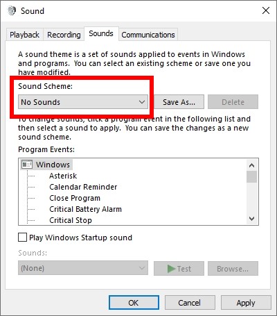 microsoft turn off system sounds